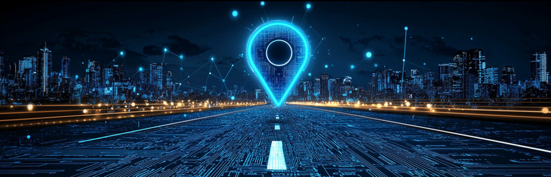 Digital Map Pin Concept, Digital cityscape with glowing location pins and digital connections, representing global network technology for map navigation or geotagging in business
