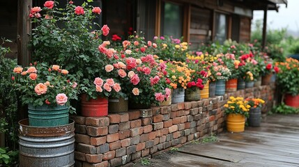 Sustainable Community Garden: Recycled - brick Walls and Colorful Upcycled Planters