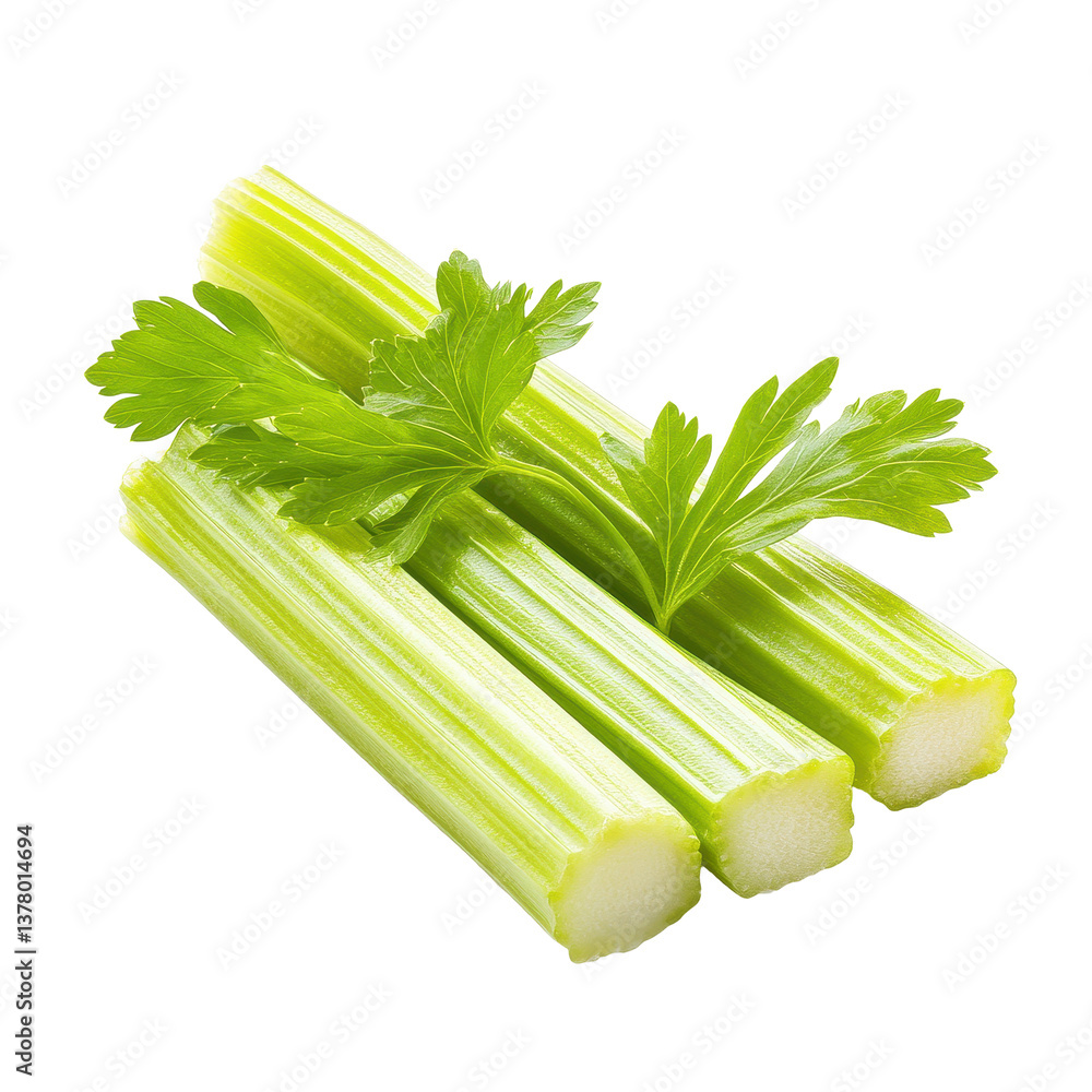 Poster fresh green celery sticks with leaves arranged on a white background capturing vibrant colors and te