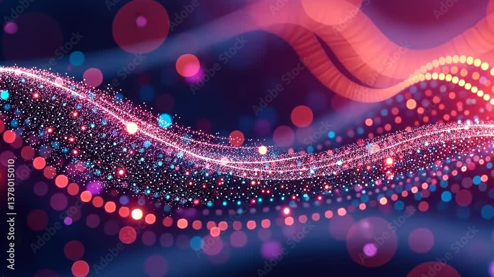 Poster A blue and pink swirl of light with many small dots. The dots are in different colors and sizes