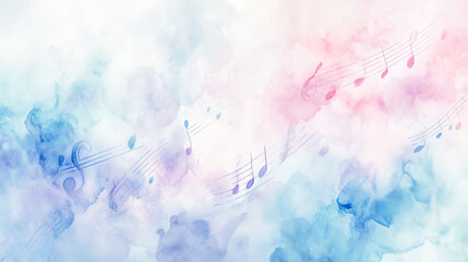 Elegant watercolor background featuring delicate music notes in soft pastel hues, creating a serene and artistic ambiance