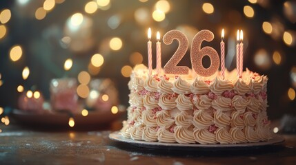 Festive 26th Birthday Cake on Table with Lights