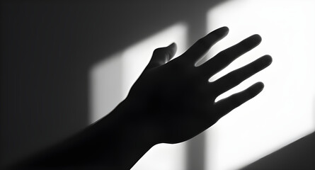 Monochrome Hand Silhouette on Light Background, Shadow Art Photography, Black and White Human Figure, Abstract Light and Shadow, Dramatic Mood, Conceptual Image, Minimalist Art