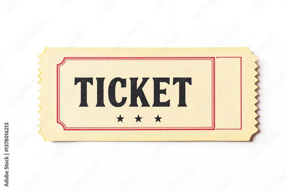 Poster vintage-style ticket with bold black text and red border on a light background.