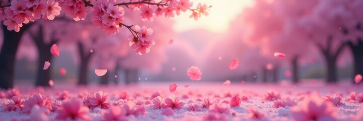 Soft pink sakura petals fall gently on a serene landscape of cherry blossoms at dusk, blossom, sakura blossom