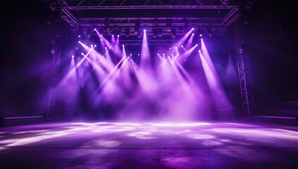 Free stage with lights and smoke, Empty stage with purple spotlights, conser, show, party, Presentation concept. purple violet spotlight strike on black background. banner design