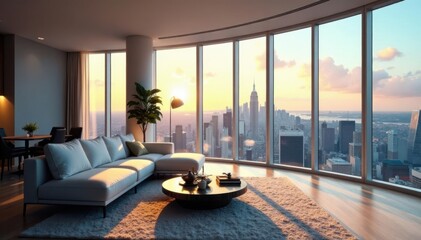 Fototapeta premium Spacious living room with floor-to-ceiling windows offering stunning panoramic city views, high-rise condo, natural light