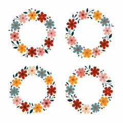 Wreath flowers circle Scandinavian style, Set of floral elements, Round floral frame