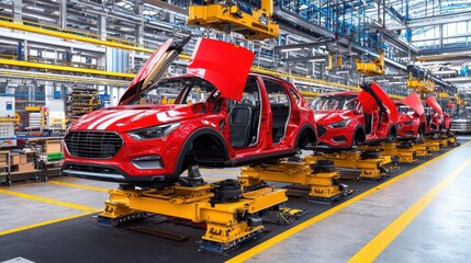Fototapeta premium Modern Automotive Assembly Line with Red Cars Under Production