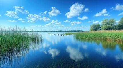 Wetland Elegance on Earth Day: Reeds and Aquatic Life in Harmony