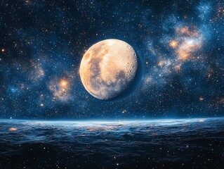 Obraz premium Glowing Moon Over Earth Horizon Shines Among Stars in Dark Sky