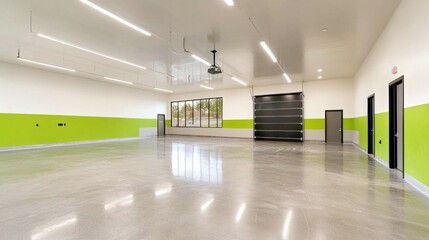Modern Empty Warehouse Interior with Bright Green Accents and Windows