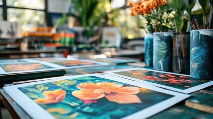 Vibrant floral artwork prints displayed on a table in an art studio.