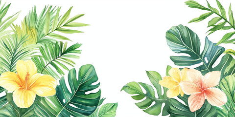 Watercolor painting of tropical flowers and leaves forming a frame