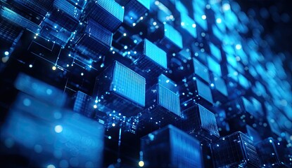 Abstract digital network of interconnected cubes.  Complex system of glowing blue blocks