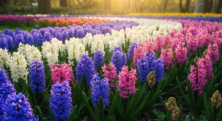 Obraz premium Colorful Hyacinth Flower Field - Vibrant hyacinths in a stunning array of colors create a breathtaking floral landscape. Perfect for spring themes