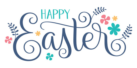 Fototapeta premium HAPPY EASTER colorful vector brush calligraphy banner with flowers