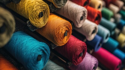Vibrant thread collection display in textile shop colorful yarn showcase crafting environment close-up view creative concept for artisans