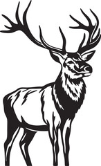 Naklejka premium Majestic Red Deer Stag, Antlered, Wild, Nature, Graphic, Silhouette, Black, White, Illustration, Ani