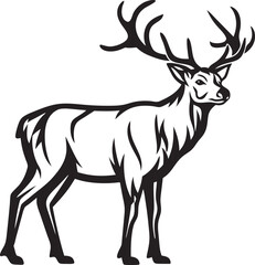 Fototapeta premium Majestic Red Deer Stag, Antlered, Wild, Nature, Forest, Wildlife, Black, White, Graphic, Illustratio