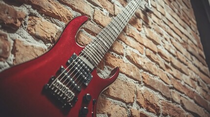Fototapeta premium Red electric guitar hanging on a brick wall