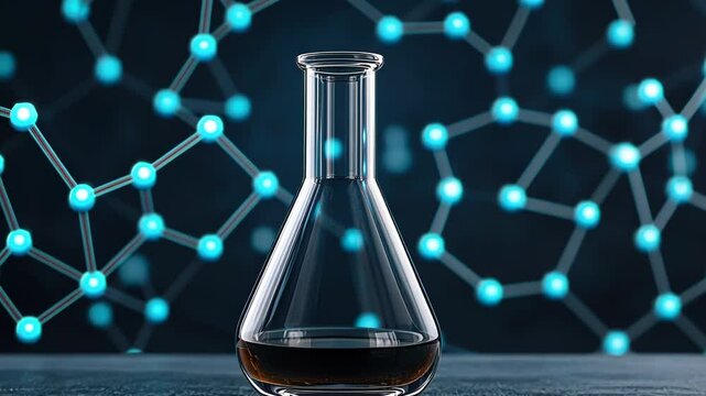 An empty laboratory flask surrounded by a glowing molecular network, symbolizing chemistry and scientific discovery.