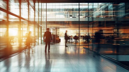 Dynamic atmosphere captured with blurred motion of office workers.