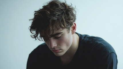 Contemplative moment of a young man studio portrait photography soft lighting close-up emotional reflection