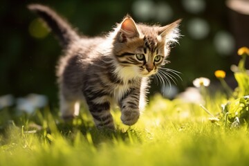 Playful tabby kitten exploring a vibrant garden filled with flowers and greenery, showcasing curiosity and joy in a natural setting, pet concept
