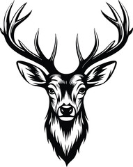 Naklejka premium Majestic Stag Head, Antlers, Black and White, Wildlife, Nature, Design, Illustration, Graphic, Art, 