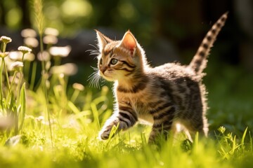 Playful tabby kitten exploring a sunlit garden filled with flowers and greenery, showcasing curiosity and joy in nature, pet care concept