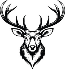 Naklejka premium Majestic Stag Head, Antlers, Black and White, Wildlife, Nature, Graphic Design, Hunting, Emblem, Log