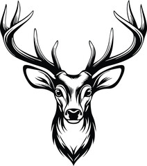 Naklejka premium Majestic Stag Head Antlers, Wildlife, Nature, Black, White, Illustration, Graphic, Design, Art, Symb