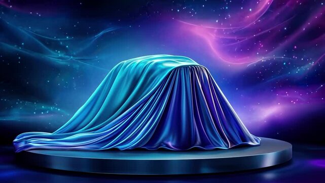 Futuristic concept car hidden under luxurious blue fabric on cosmic background