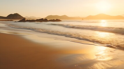 Obraz premium Golden Sunrise Over Coastal Mountains And Beach