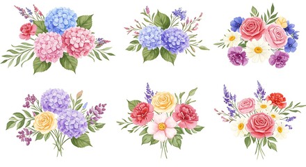 Watercolor flower bouquets isolated on a white background
