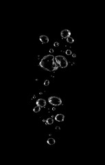 White bubbles, liquid, black background, abstract isolated, oxygen design concept, underwater,...