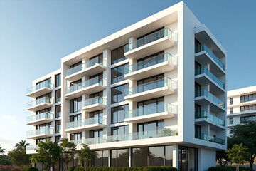 Fototapeta premium Modern White Apartment Building with Glass Balconies - Urban Architecture 