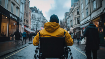 Obraz premium Urban accessibility awareness wheelchair user navigates city streets amidst crowded environment