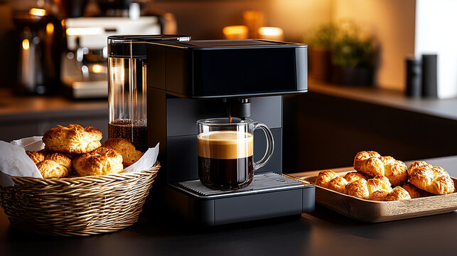 Close-up of modern digital coffee machine on cafe bar counter with basket of fresh baked goods, with space for text.