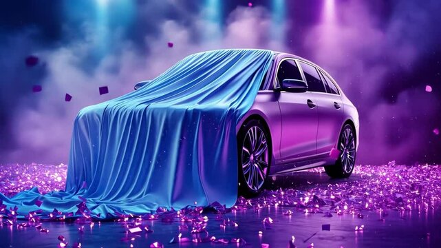 Sleek car reveal with blue cover in vibrant purple spotlight