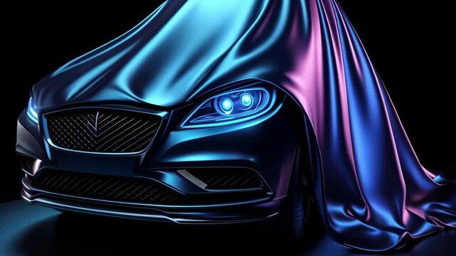 Mysterious car reveal under shiny fabric with neon lighting enclosed in dark setting. Happy New Year. Merry Christmas