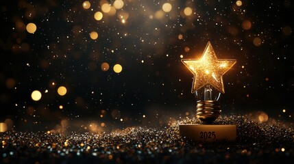 Illuminated star-shaped lightbulb on 2025 block, glittering background.