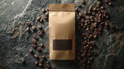A paper coffee bag with a minimalist label, placed on a stone countertop with scattered coffee beans around it.
