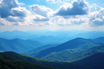 Fototapeta premium Brasstown Bald: Appalachian Autumn Beauty - Silhouette Mountains with Fluffy Clouds and Blue Sky Background