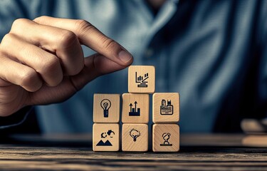 Business growth, strategic planning, and innovation concept.  Hand placing a wooden block with business symbol on a stack