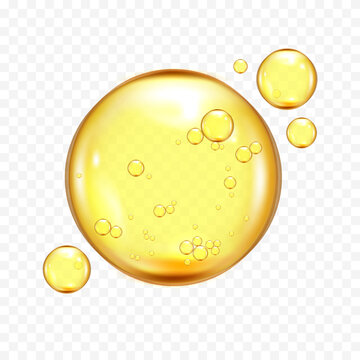 Yellow oil drops, vitamin C , E bubbles, gold collagen, serum bubbles, squalane cream drops vector illustration on transparent background