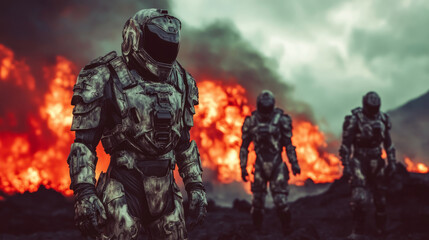 Fototapeta premium Futuristic soldiers engage in battle amidst volcanic eruption sci-fi landscape action scene dramatic environment