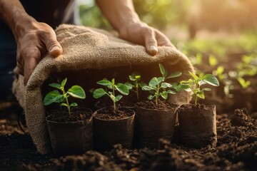 Two men's hands transporting a bag of potting seedlings.