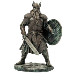 Fototapeta premium Viking warrior statue in battle stance showcasing strength and valor, Viking Warrior Statue in Battle Stance on Transparent background